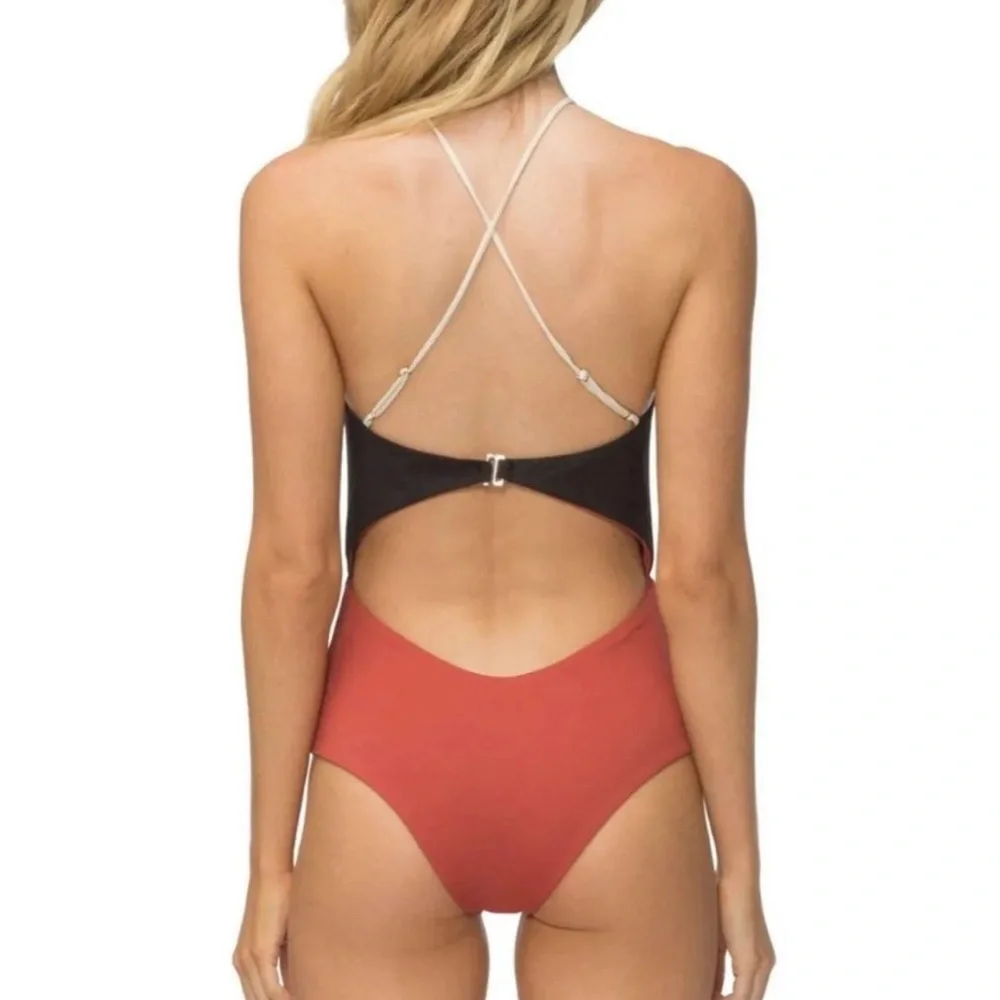 Tavik One Piece Lela Cut Out Swimsuit Black Rust Orange - Picture 3 of 5